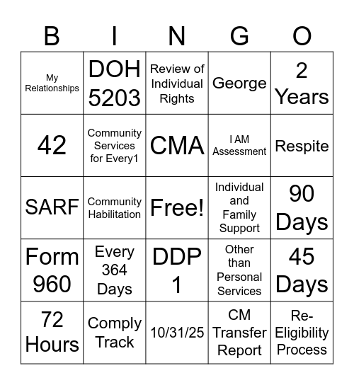 Care Manager BINGO Card