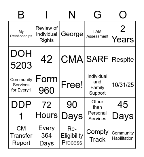 Care Manager BINGO Card