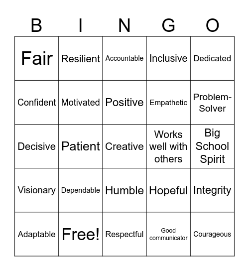 Positive Leadership Bingo Card