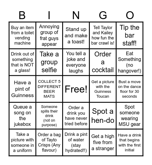 Bar Crawl Bingo! Bingo Card