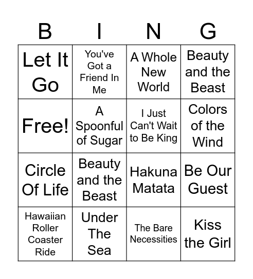 Disney Bingo Card