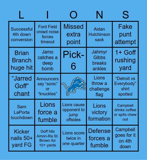 DETROIT LIONS BINGO Card