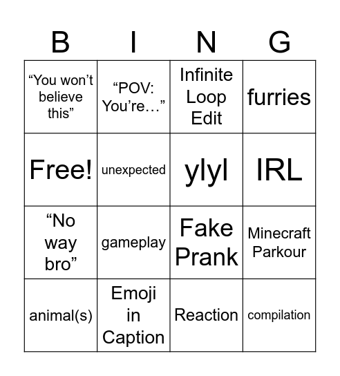 YT Shorts Bingo Card