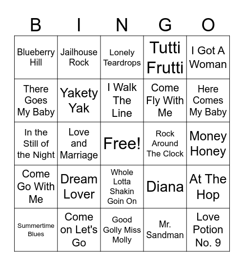 1950s Bingo Card