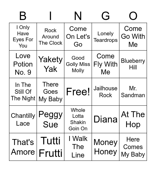 1950s Bingo Card