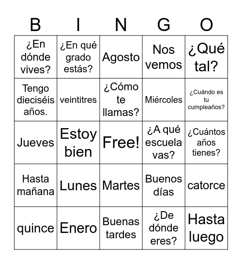 Preguntas Personales /Dias/Números Bingo Card