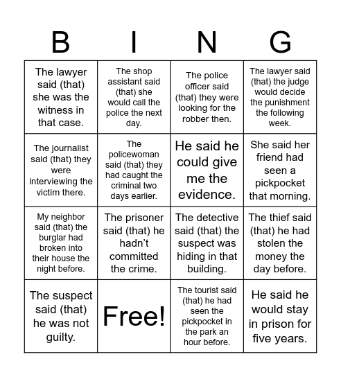 REPORTED SPEECH Bingo Card