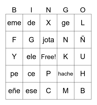 7th grade Spanish: alphabet Bingo Card