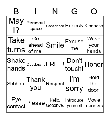 Manners Bingo Card