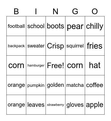 FALL Theme Bingo Card
