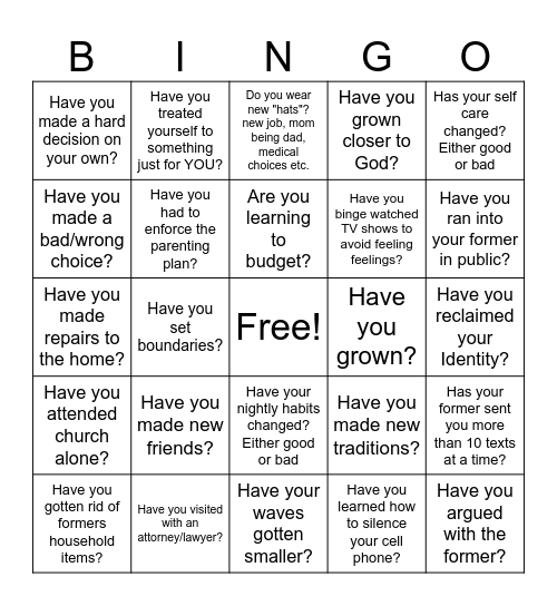 Divorce BINGO Card