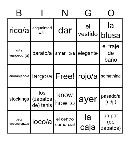 8.1 Unidad 1 "de compras"  Vocabulario Bingo Card