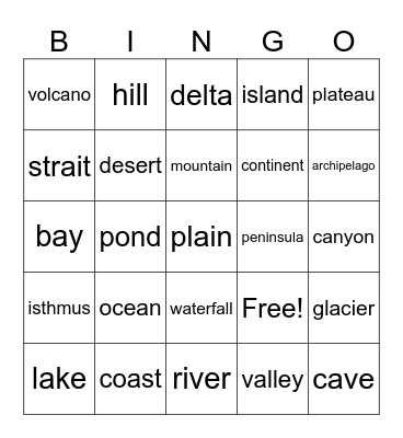 Landforms and Bodies of Water Bingo Card