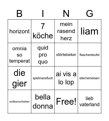 in ex songs Bingo Card