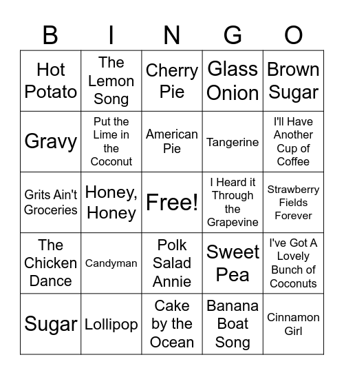 Songs with Food in the Title Bingo Card