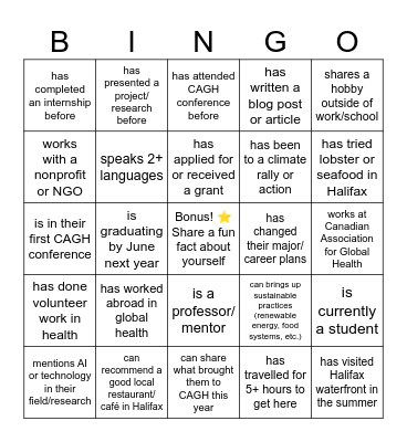 Meet & Match at CAGH Bingo Card