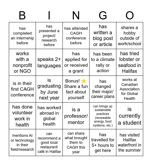 Meet & Match at CAGH Bingo Card