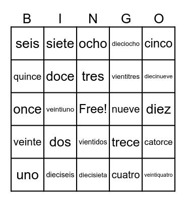 Spanish Numbers Bingo Card
