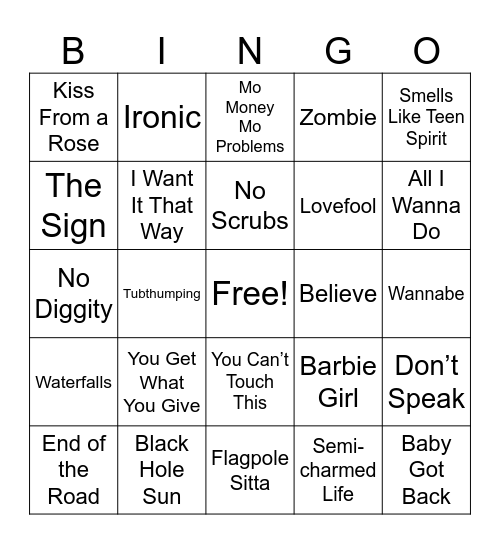 90s Music Bingo Card
