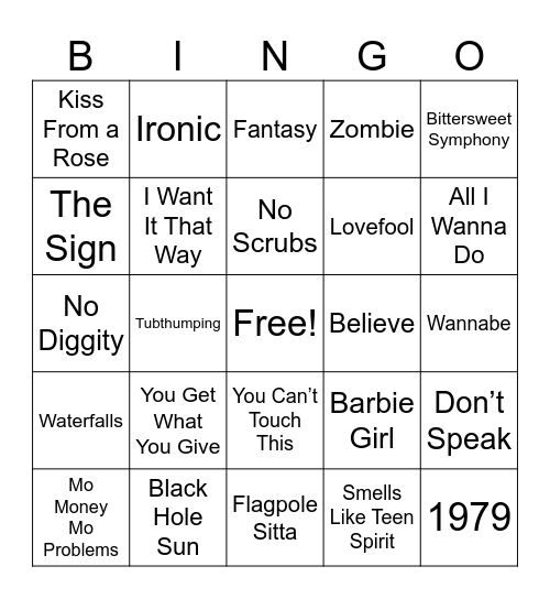 90s Music Bingo Card