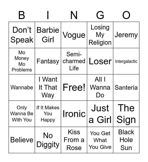90s Music Bingo Card