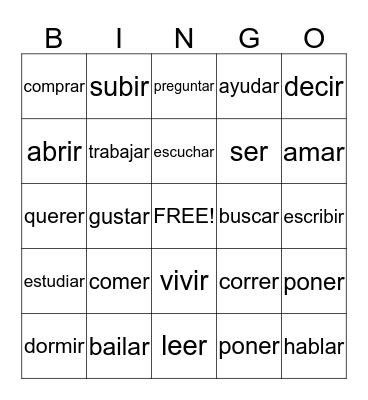 Spanish Action Verbs Bingo Card