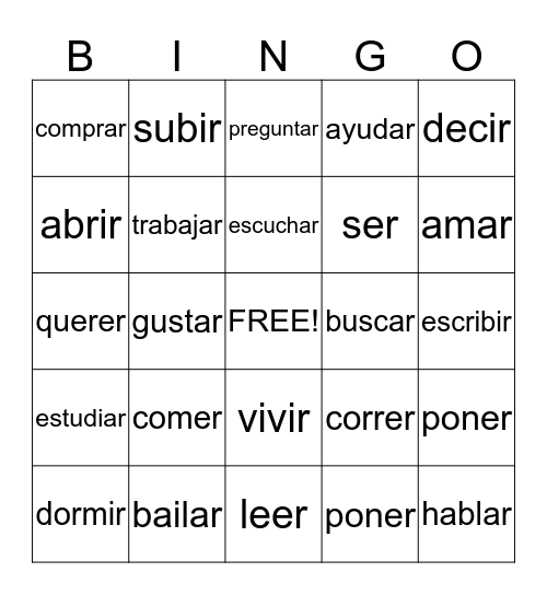 Spanish Action Verbs Bingo Card