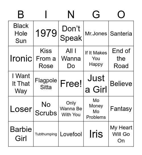 90s Music Bingo Card