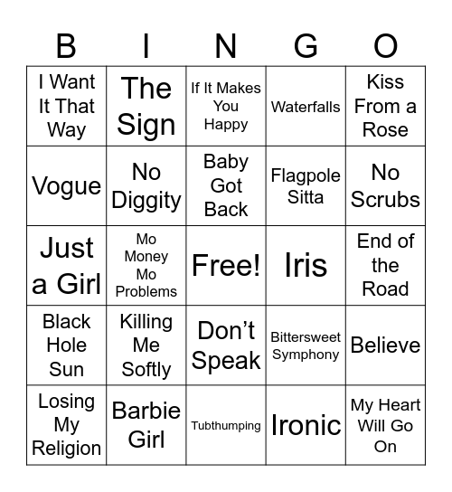 90s Music Bingo Card