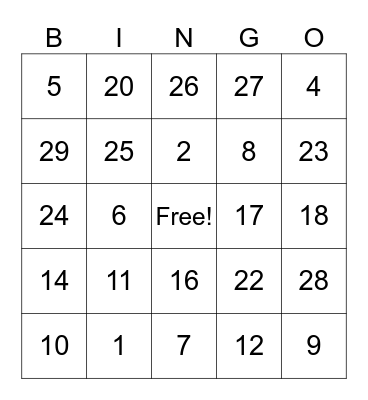 Spanish Numbers Bingo Card