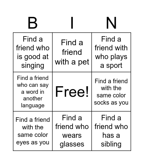 Friend Bingo Card