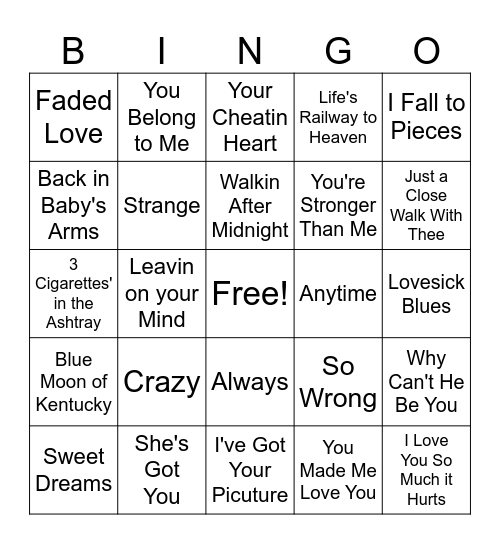 Patsy Cline Bingo Card