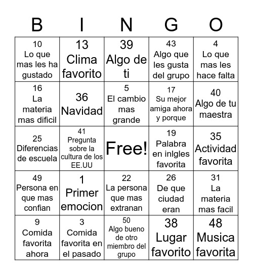 Experiencias Bingo Card