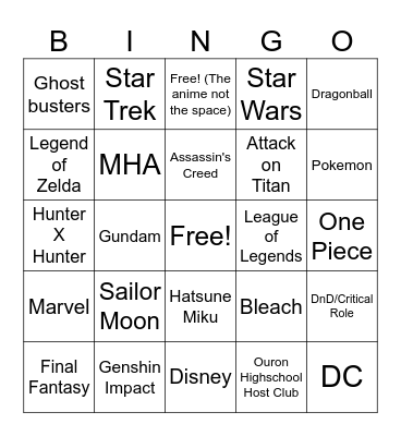 Cosplay Bingo Card