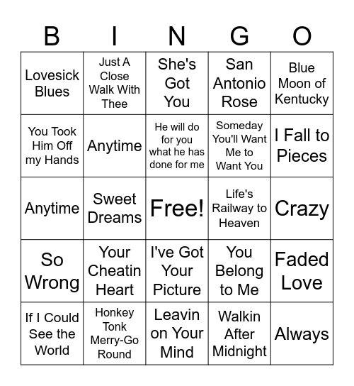 Patsy Cline Bingo Card