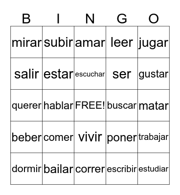 Spanish Action Verbs Bingo Card