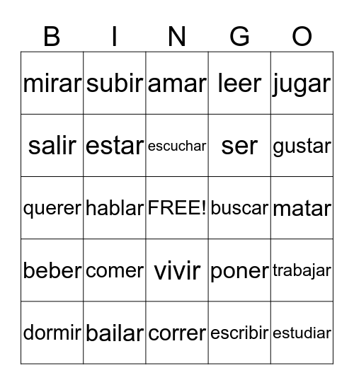 Spanish Action Verbs Bingo Card