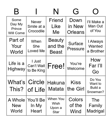 Disney Music Bingo Card