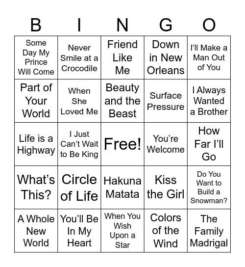 Disney Music Bingo Card