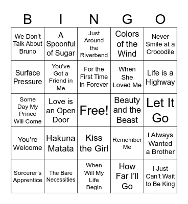 Disney Music Bingo Card