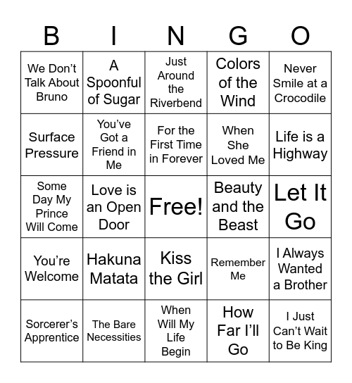 Disney Music Bingo Card