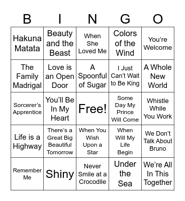 Disney Music Bingo Card