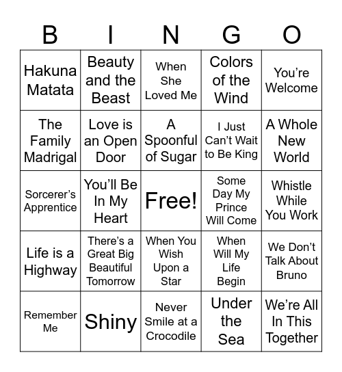 Disney Music Bingo Card