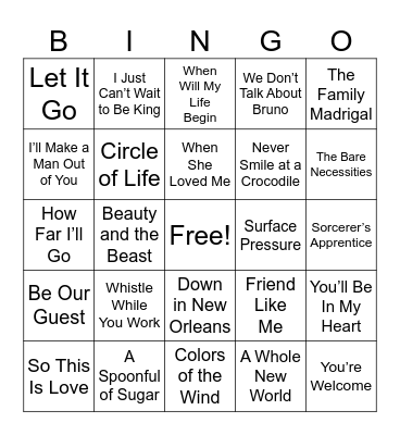Disney Music Bingo Card