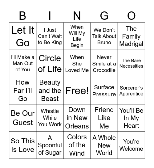 Disney Music Bingo Card