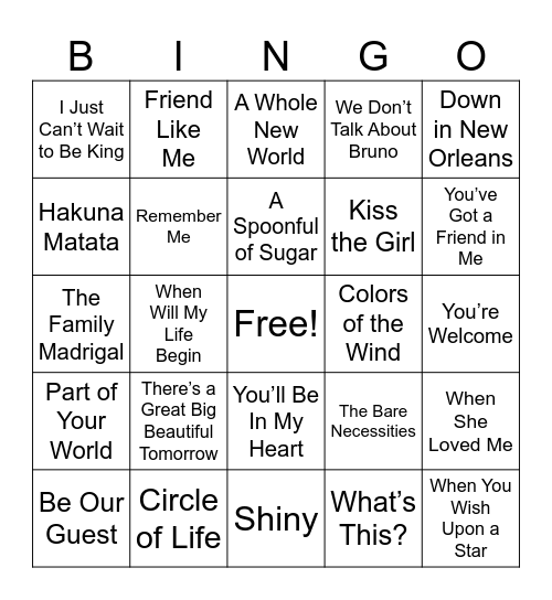 Disney Music Bingo Card