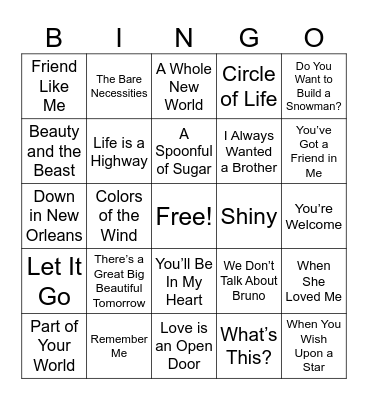 Disney Music Bingo Card