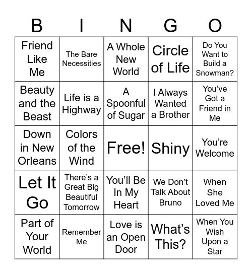 Disney Music Bingo Card