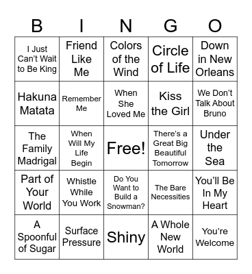 Disney Music Bingo Card