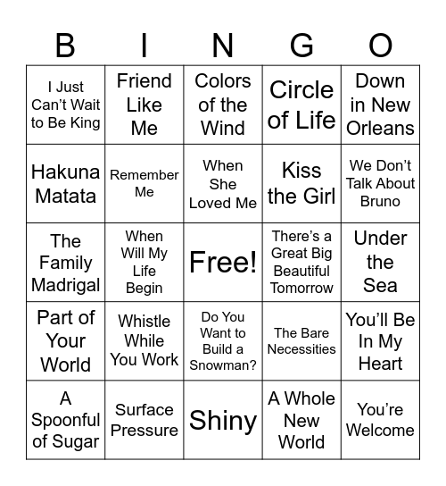 Disney Music Bingo Card